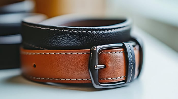 Millennial-style leather belt in minimalist, sustainable fashion design.