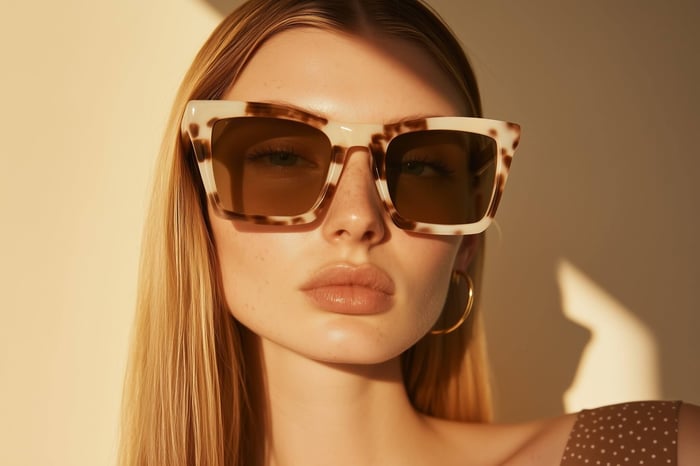 Millennial-style oversized sunglasses in minimalist sustainable streetwear design.