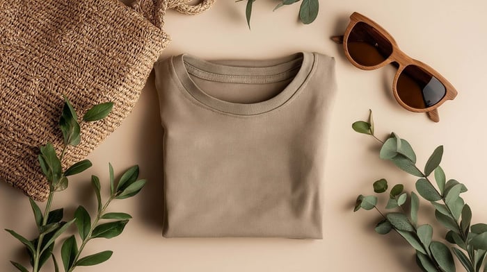 Minimal t shirt styled with simple accessories on neutral background