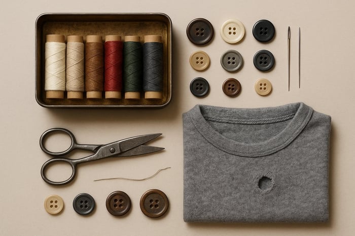 Flatlay of a clothing repair kit with needles, thread, and fabric patches symbolizing the longevity and craftsmanship of the most durable clothing brands.
