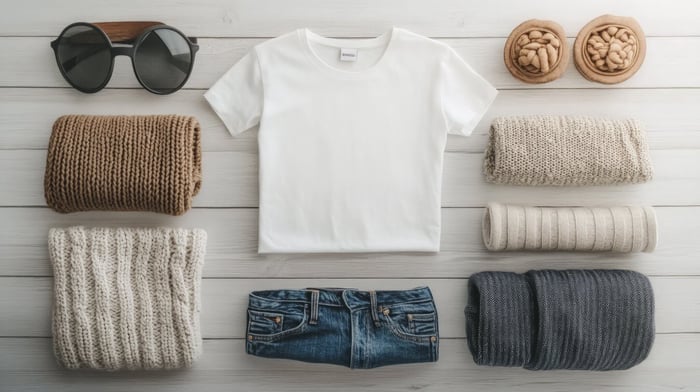 Flat lay of a minimalist capsule wardrobe in charcoal, forest, and sand tones from non-fast fashion brands.