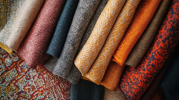 Flat-lay of sustainable fabrics used in non toxic activewear, highlighting clean and eco-friendly materials