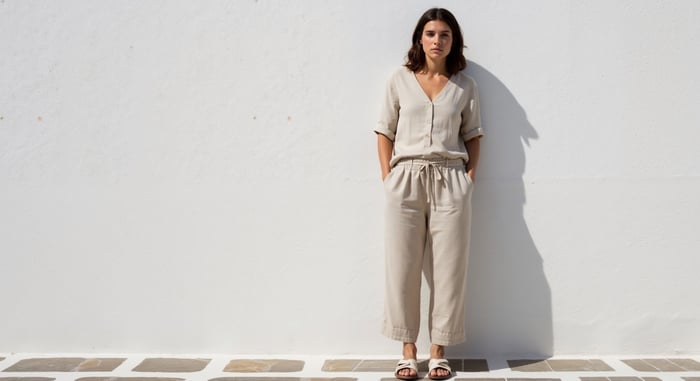 Person wearing minimalist outfit featuring tight fitting shirts for a clean, modern, and sustainable streetwear 