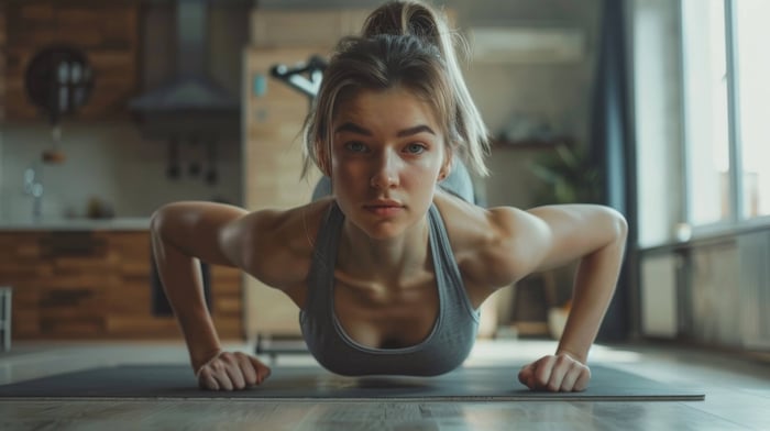 Young athlete wearing minimalist soft workout clothes in cozy activewear set outdoors