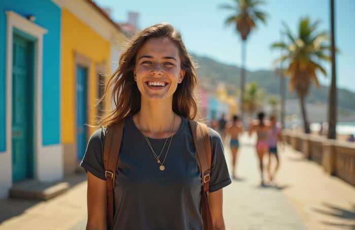 Person walking on a sunny boardwalk wearing 100 natural fiber clothing for breathable, everyday comfort