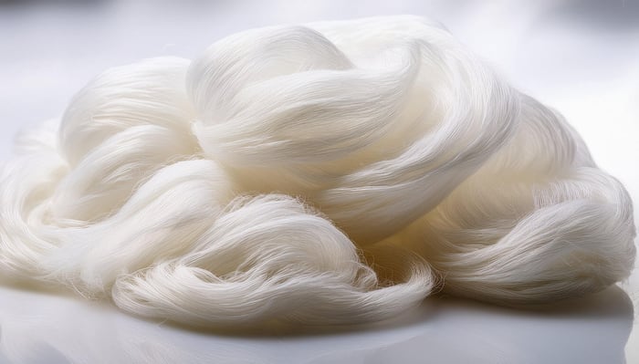 Close-up of Lyocell fibers used in sustainable activewear, showing soft, smooth strands made from renewable eucalyptus sources.