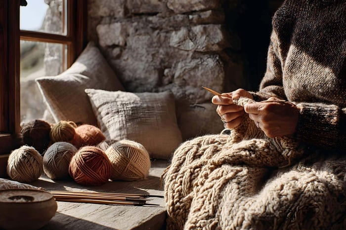 Artisan hand-knitting a sustainable sweater in a fair trade workshop