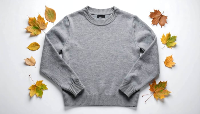 Minimalist flat lay of sustainable sweaters in neutral tones