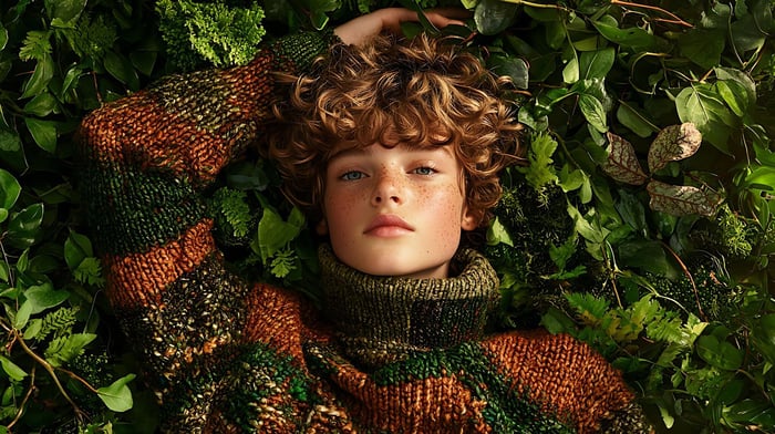 Model wearing sustainable sweaters outdoors styled in minimalist streetwear