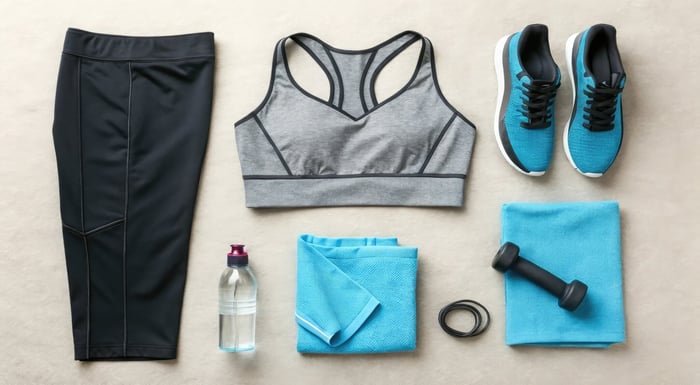 Yoga accessories including strap, towel, and water bottle for practice