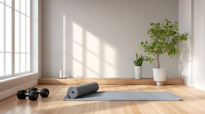 Yoga mat setup with blocks, strap, and water bottle ready for practice
