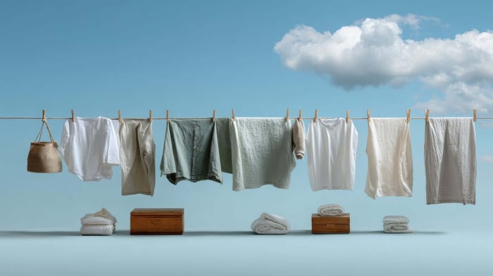 Minimalist laundry setup showing proper care for Tencel Lyocell fabric to prevent shrinkage