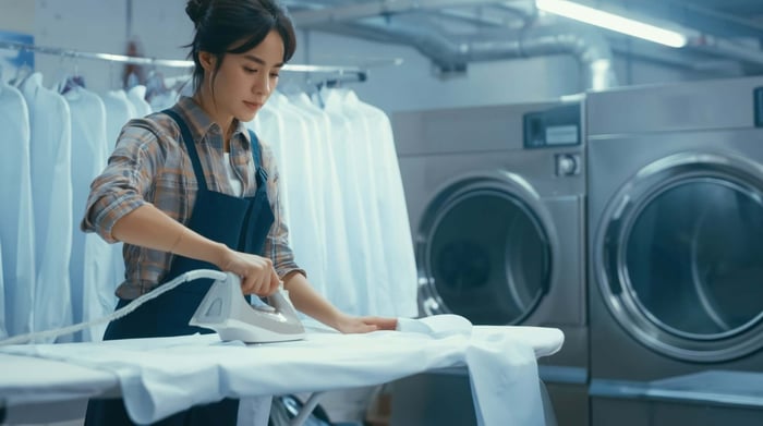 Garment workers in a safe, clean factory environment producing fair trade women's clothing under ethical labor standards with fair wages and responsible working conditions.