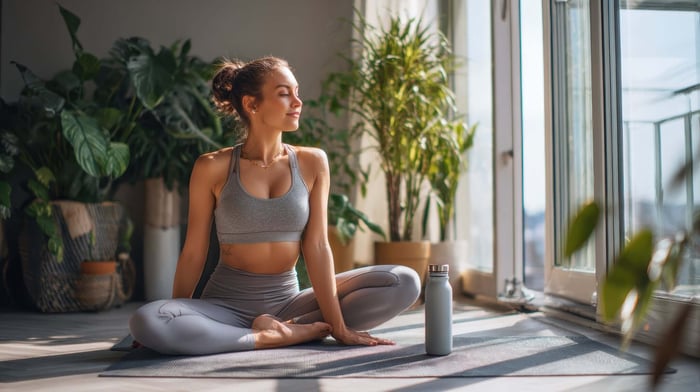 Woman practicing yoga wearing female yoga pants designed for flexibility, comfort, and performance
