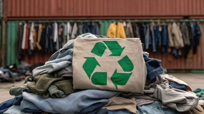 Collection of garments representing leading recycled clothing brands, showcasing modern apparel made from recycled materials with a focus on sustainable fashion and minimalist design.