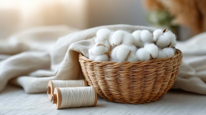 Raw cotton fibers used in healthy fabric production for soft, breathable, and natural clothing materials
