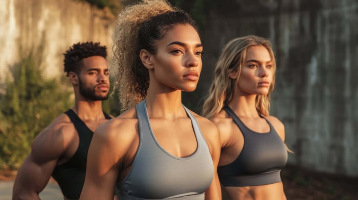 Gen Z models wearing sustainable activewear in neutral tones, showing how to avoid fast fashion with eco-friendly clothing choices