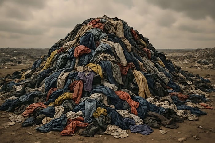 Pile of discarded fast fashion garments in a landfill, illustrating the environmental impact and why to avoid fast fashion