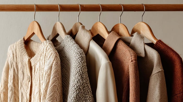 Minimalist capsule wardrobe with neutral clothing pieces, showing how to avoid fast fashion through timeless essentials