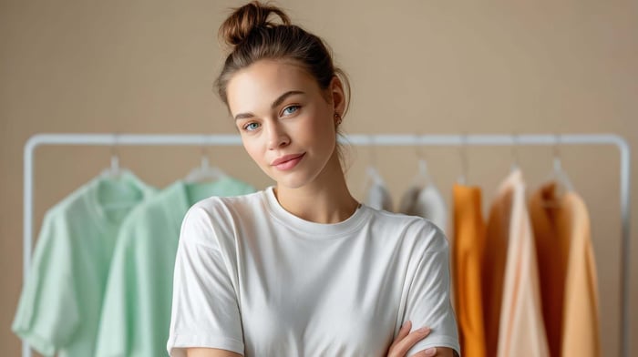 Young model wearing a neutral-toned lyocell shirt with a soft, breathable and sustainable fabric look
