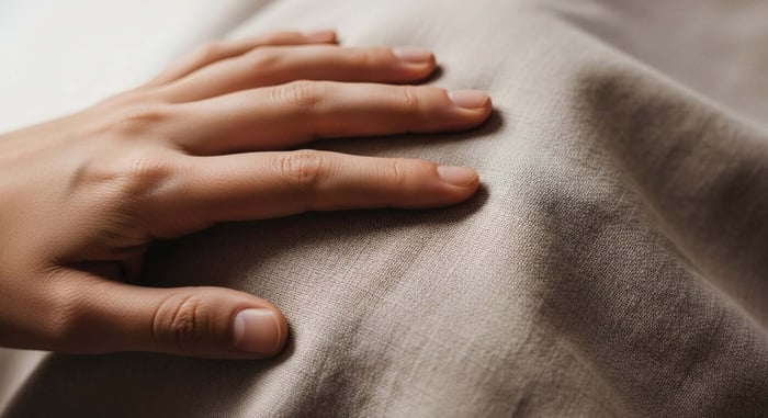 Hand touching a soft 100% TENCEL™ Lyocell shirt, highlighting the smooth, breathable fabric used in lyocell shirts