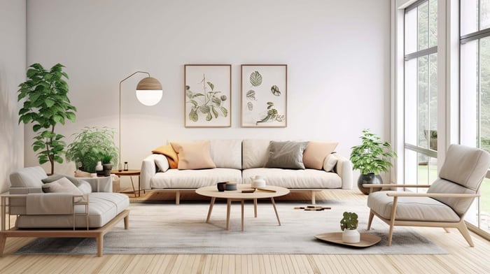 Minimal aesthetic living room with neutral tones, clean lines, and simple modern furniture in a clutter-free space