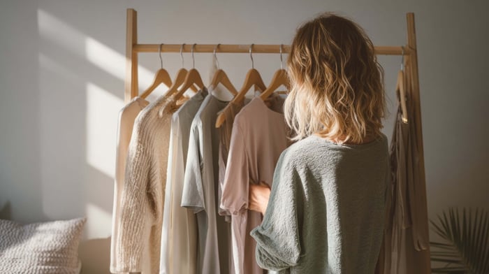 Minimal aesthetic wardrobe with neutral clothing, clean organization, and a simple minimalist closet layout