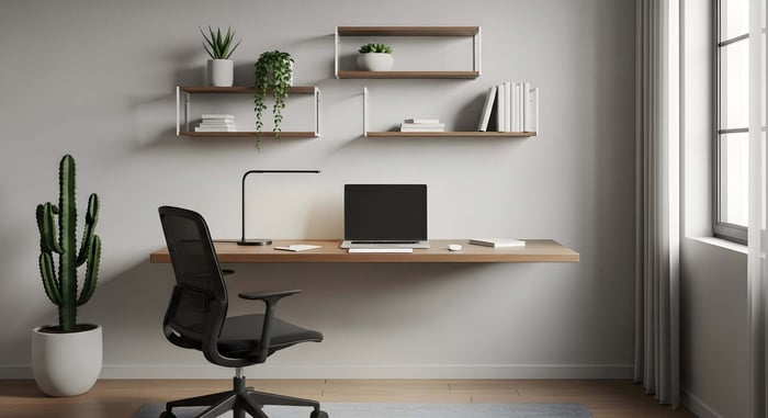Minimal aesthetic workspace setup with clean desk, neutral tones, simple decor, and clutter-free organization