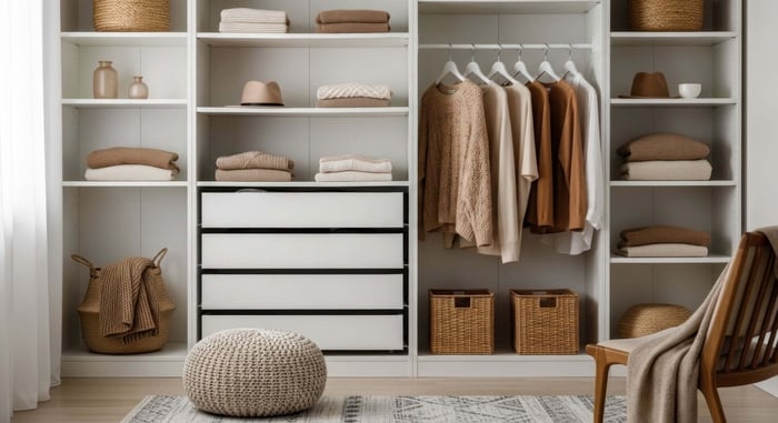 Minimal aesthetic neutral-toned studio apartment with clean lines, soft lighting, and simple modern furniture
