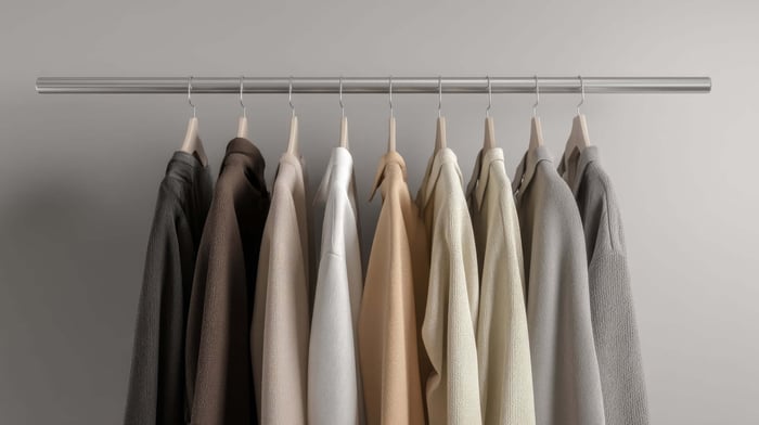 Minimal aesthetic studio scene with open clothing rack featuring neutral-toned garments and clean minimalist styling