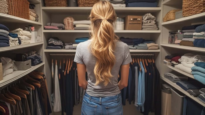 Closet decluttering process with neatly folded clothes and organized essentials in a minimal closet