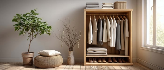 Minimal closet with neutral-toned clothing, organized shelves, and a clean minimalist wardrobe setup