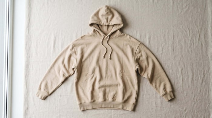 Minimal clothing aesthetic flat lay featuring neutral wardrobe essentials, including a white T-shirt, beige knitwear, denim, leather accessories, and clean, timeless fashion pieces.