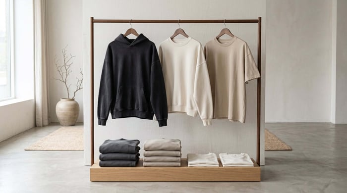 Minimalist wardrobe rack displaying neutral-toned minimal clothing, including timeless shirts, jackets, and everyday essentials for a capsule wardrobe.