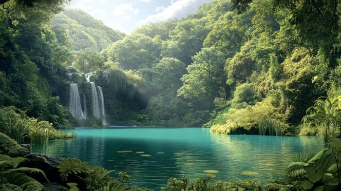 Serene natural landscape with rolling hills and lush greenery, representing the eco-conscious values and sustainable inspiration behind PFAS-free yoga pants.