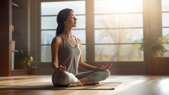 Woman practicing yoga while wearing PFAS-free yoga pants, demonstrating comfort, flexibility, and unrestricted movement in a peaceful wellness setting.