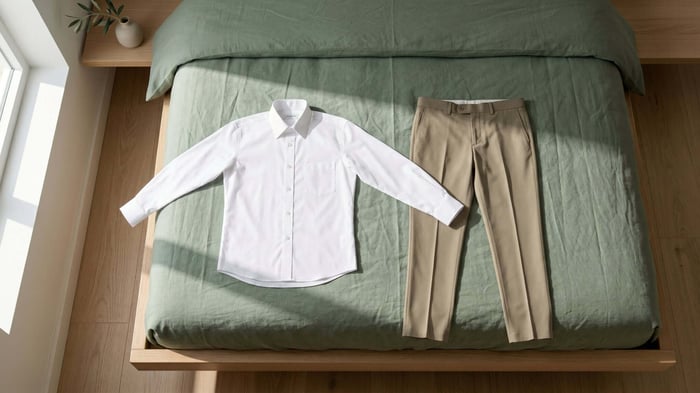 Flat lay of beige linen sustainable pants showcasing breathable natural fabric, minimalist design, and eco-friendly everyday style.