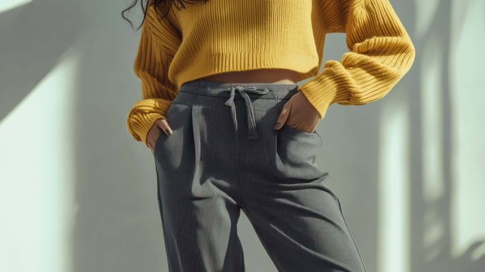 Model wearing neutral-toned sustainable pants in a minimalist lifestyle setting, featuring eco-friendly fabrics, clean lines, and timeless everyday style.