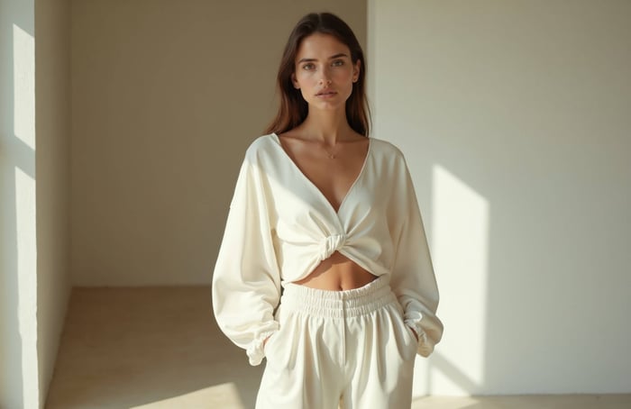 Model wearing minimalist organic cotton sustainable pants with a clean, modern silhouette and eco-friendly design for everyday comfort.