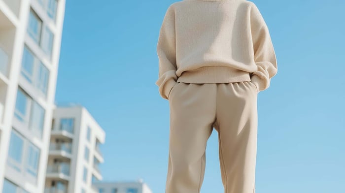 Young adult wearing minimalist sustainable sweatpants in neutral tones, showcasing comfortable and eco-friendly loungewear