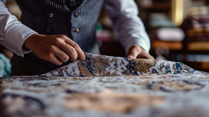 Tailor marking fabric patterns for sustainable sweatpants, highlighting precision, ethical production, and quality craftsmanship