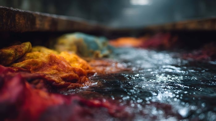 Polluted textile dye water from clothing production, illustrating the environmental impact and need for sustainable sweatpants