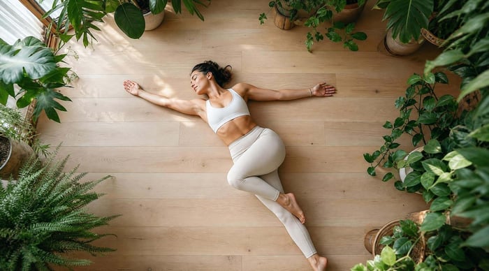 Close-up of soft cotton yoga leggings designed for sustainable yoga clothes and eco-friendly activewear.