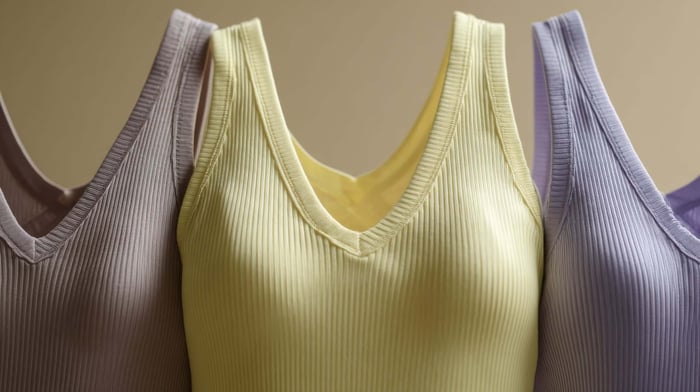 Recycled yoga tops displayed as part of a sustainable yoga clothes collection made with eco-friendly materials.