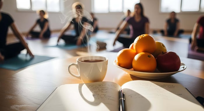 Woman practicing yoga in a bright yoga studio wearing sustainable yoga clothes made from eco-friendly materials.