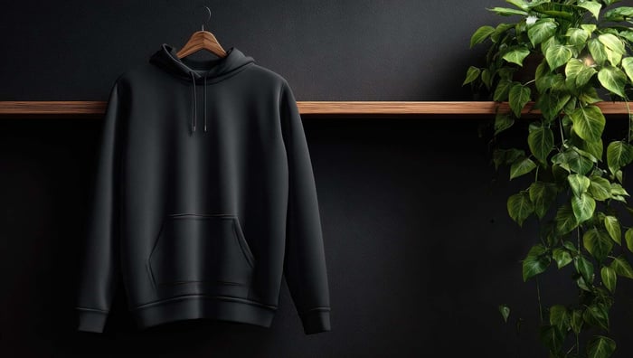 Minimalist hoodie made with soft Tencel fabric draped on a wooden hanger