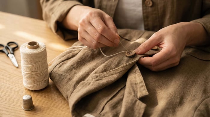 Tailor sewing sustainable activewear fabric for workout sets, highlighting ethical production and quality craftsmanship