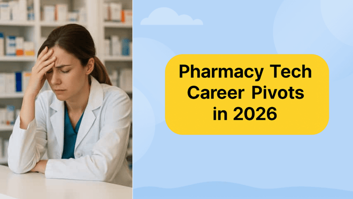 Minimal graphic with a yellow rounded rectangle on a white background displaying the text “Top 10 Pharmacy Tech Career Pivots