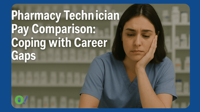 A thoughtful female pharmacy technician in blue scrubs sits in a pharmacy, looking reflective with text that reads “Pharmacy Technician Pay Comparison: Coping with Career Gaps.