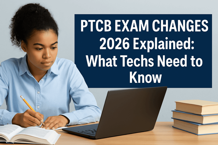 Pharmacy technician student studying for the PTCB exam changes 2026 using a laptop and textbooks.